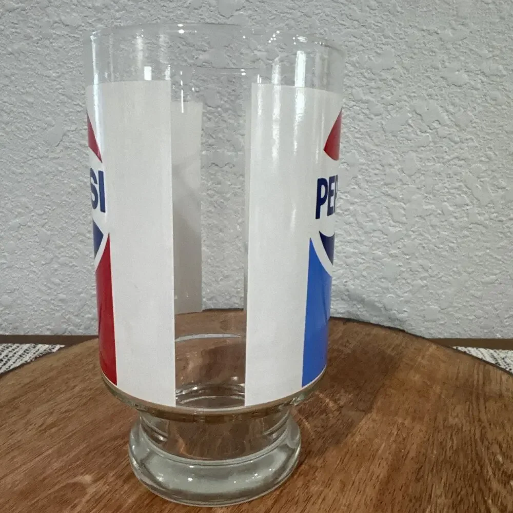 VTG Pepsi Cola Large Pedestal Drinking Tumbler Glass Clear Blue Red Pedestal Cup